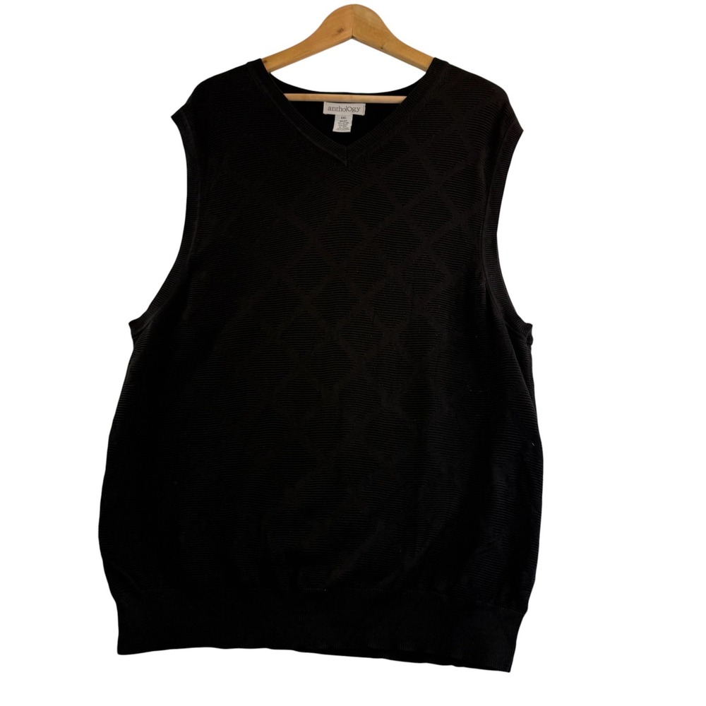 Anthology Sweater Vest XXL Black Silk Blend V-Neck Textured Diamond Knit